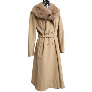 Women's Elegant Chic Vintage Union Made Tan Wool Classic Peacoat Fur Collar - NS